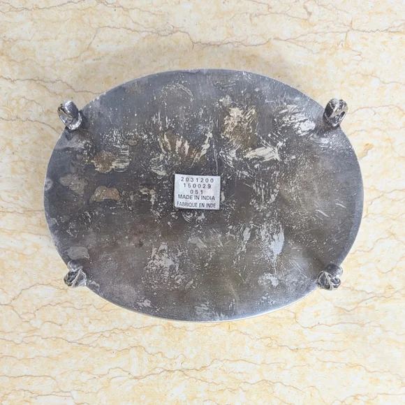 Vintage Tortoise Shell Pattern Silver Tone Metal Oval Jewelry Lidded Box - Picture 9 of 15